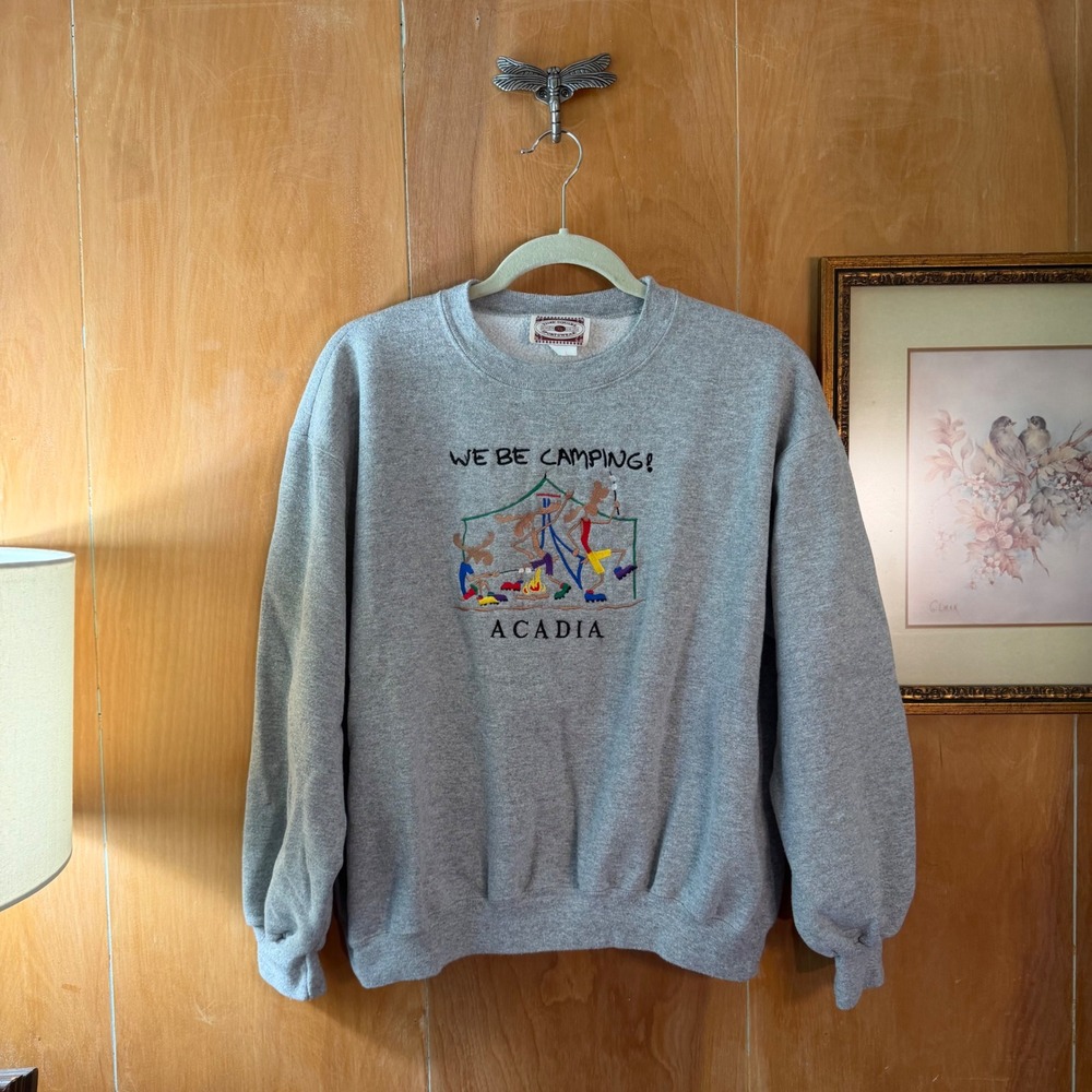Vintage Acadia We Be Camping Moose Gray Sweatshirt Large USA
